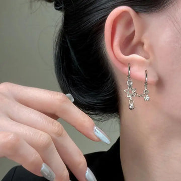 DAIIIBABYYY  -  Hiphop Punk Rhinestone Star Chain Double Ear Hole Fashion Silver Color Round Bead Pendant Hoop Earrings Y2K Fashion Jewelry Gift